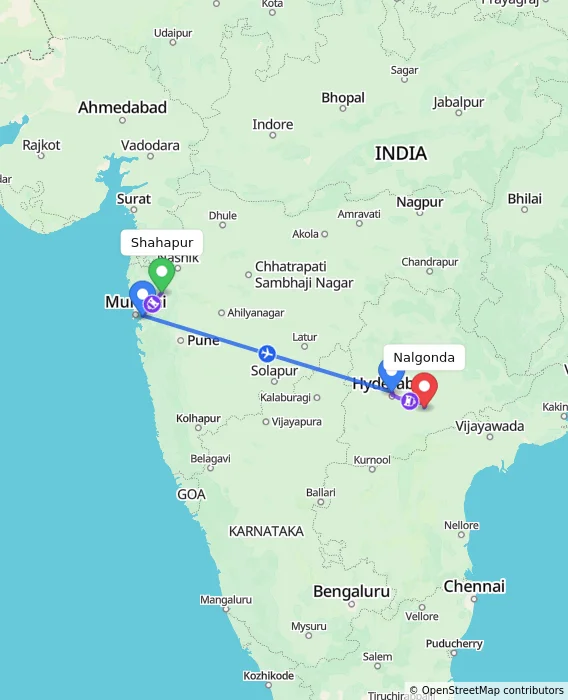 Route map showing distance and travel time from Shahapur, India to Nalgonda, India