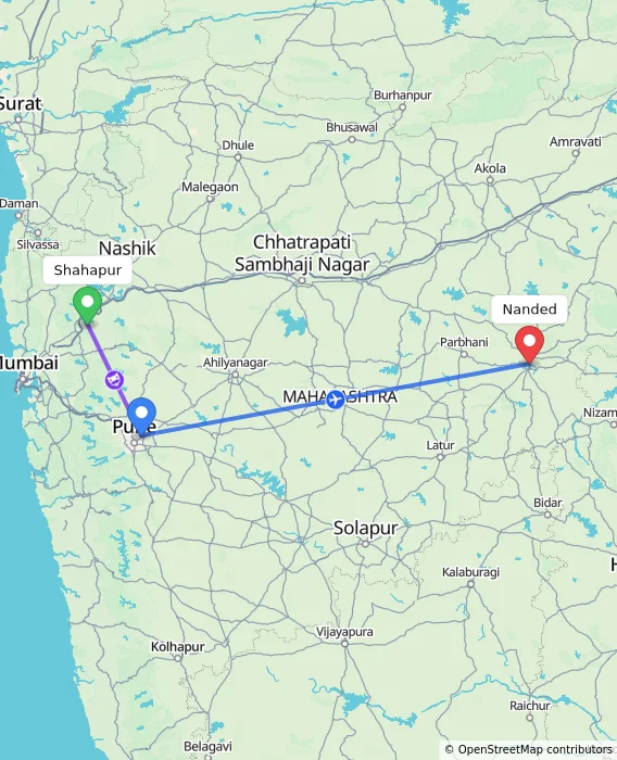 Route map showing distance and travel time from Shahapur, India to Nanded, India