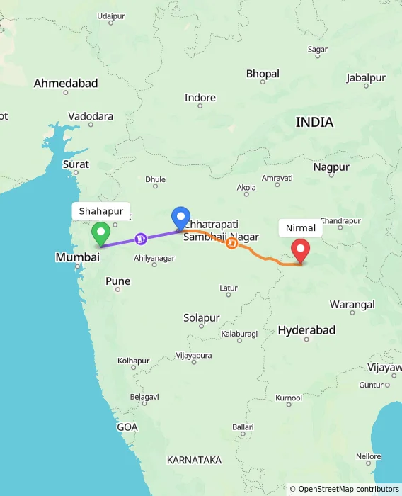 Route map showing distance and travel time from Shahapur, India to Nirmal, India