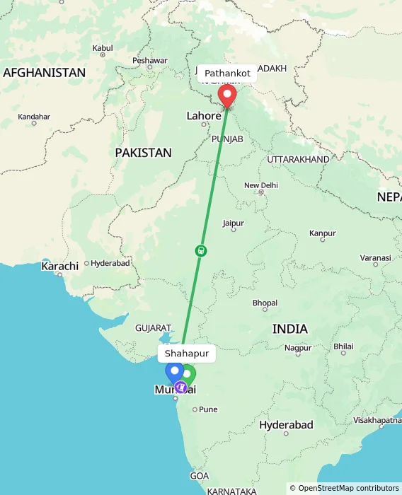 Route map showing distance and travel time from Shahapur, India to Pathankot, India