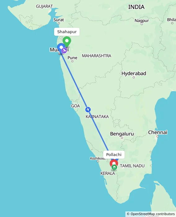 Route map showing distance and travel time from Shahapur, India to Pollachi, India