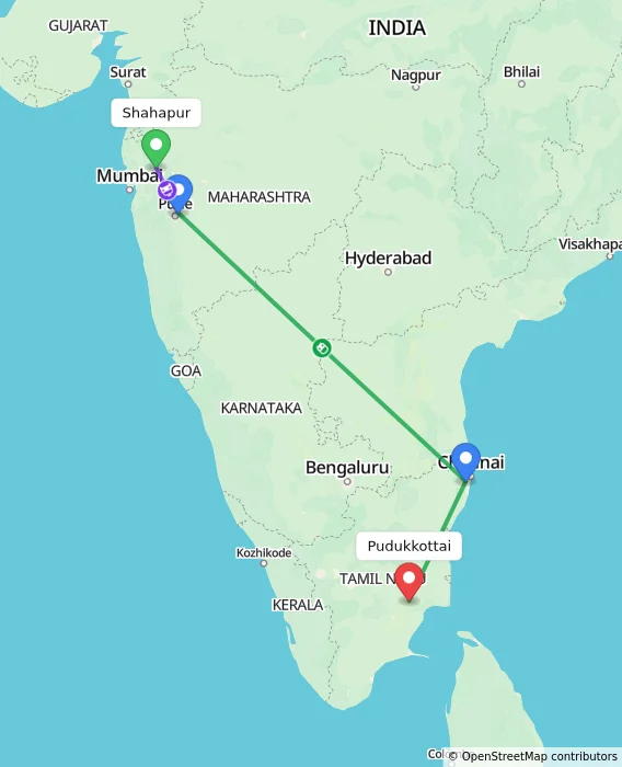 Route map showing distance and travel time from Shahapur, India to Pudukkottai, India