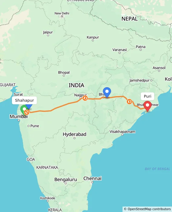 Route map showing distance and travel time from Shahapur, India to Puri, India