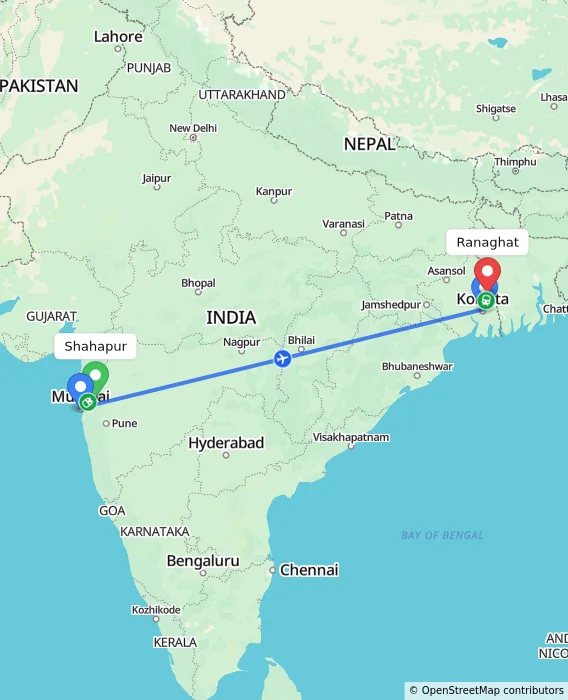 Route map showing distance and travel time from Shahapur, India to Ranaghat, India