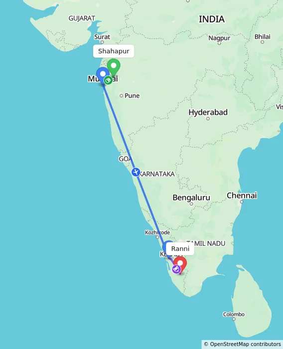 Route map showing distance and travel time from Shahapur, India to Ranni, India