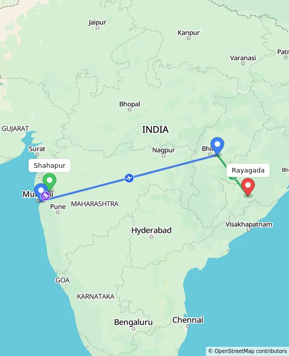 Route map showing distance and travel time from Shahapur, India to Rayagada, India