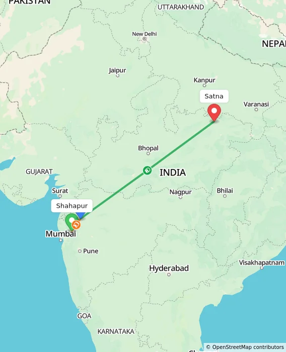 Route map showing distance and travel time from Shahapur, India to Satna, India