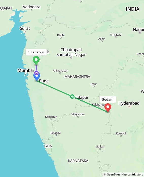 Route map showing distance and travel time from Shahapur, India to Sedam, India