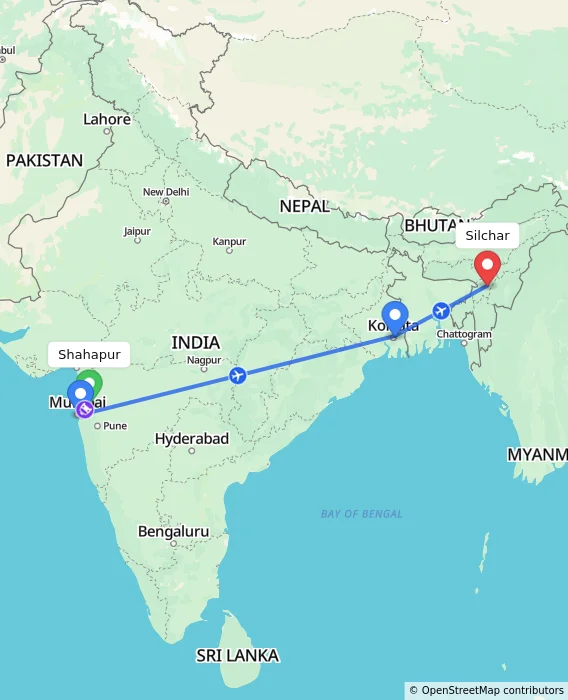 Route map showing distance and travel time from Shahapur, India to Silchar, India