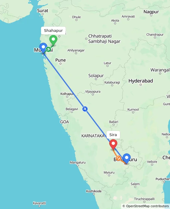 Route map showing distance and travel time from Shahapur, India to Sira, India