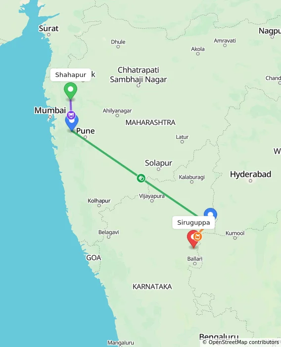 Route map showing distance and travel time from Shahapur, India to Siruguppa, India
