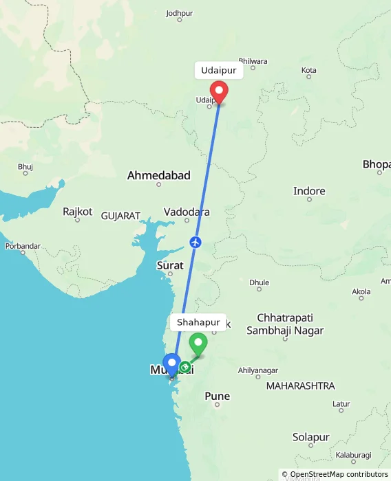 Route map showing distance and travel time from Shahapur, India to Udaipur, India