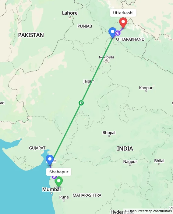 Route map showing distance and travel time from Shahapur, India to Uttarkashi, India