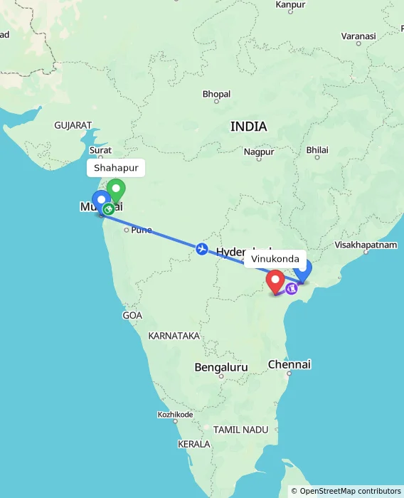 Route map showing distance and travel time from Shahapur, India to Vinukonda, India