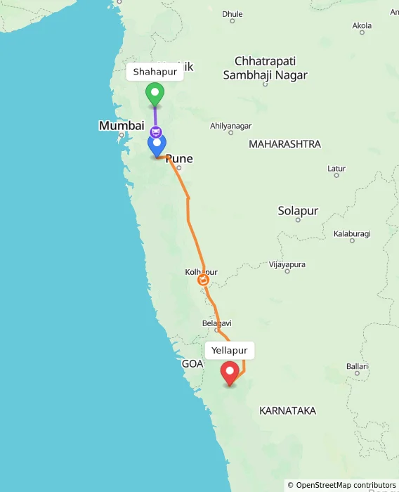 Route map showing distance and travel time from Shahapur, India to Yellapur, India
