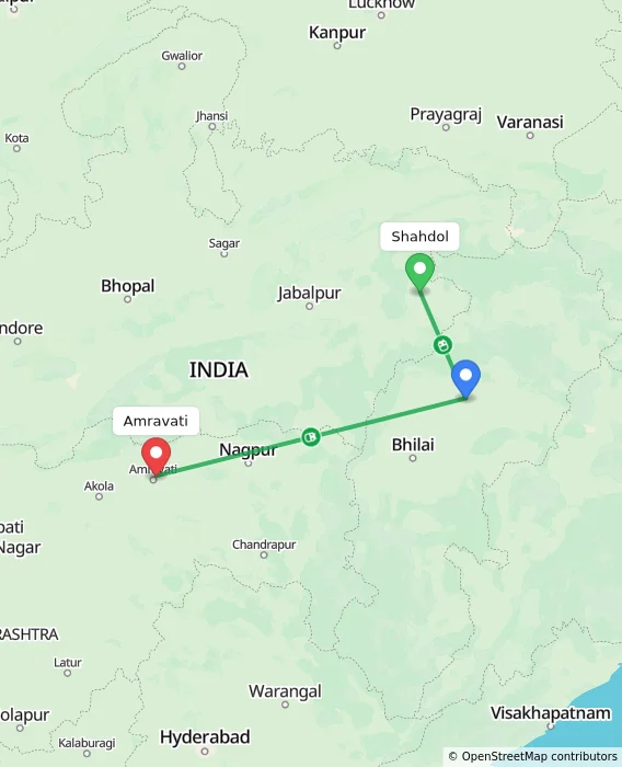 Route map showing distance and travel time from Shahdol, India to Amravati, India