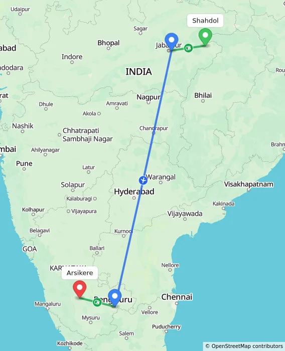 Route map showing distance and travel time from Shahdol, India to Arsikere, India