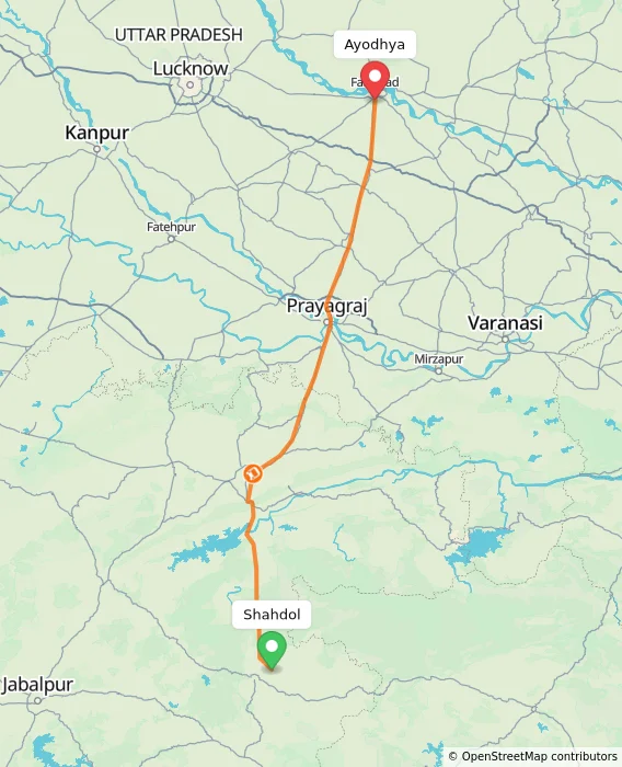 Route map showing distance and travel time from Shahdol, India to Ayodhya, India
