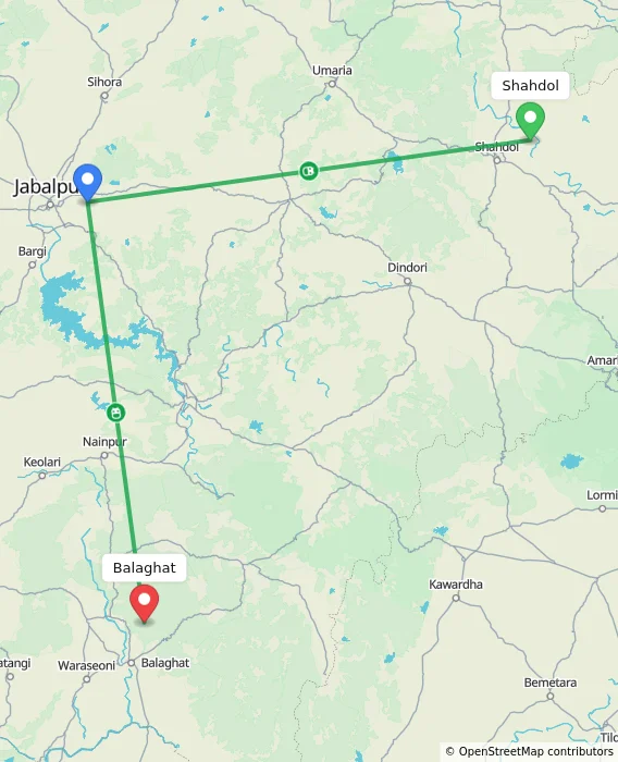 Route map showing distance and travel time from Shahdol, India to Balaghat, India