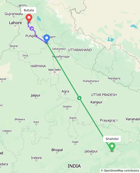 Route map showing distance and travel time from Shahdol, India to Batala, India