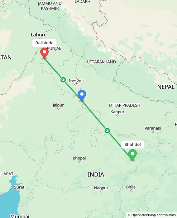 Route map showing distance and travel time from Shahdol, India to Bathinda, India