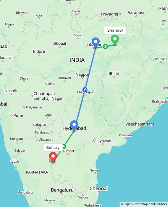 Route map showing distance and travel time from Shahdol, India to Bellary, India