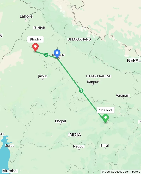 Route map showing distance and travel time from Shahdol, India to Bhadra, India