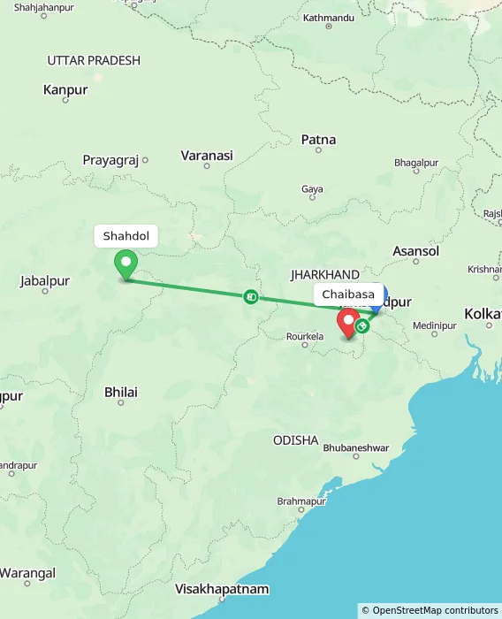 Route map showing distance and travel time from Shahdol, India to Chaibasa, India