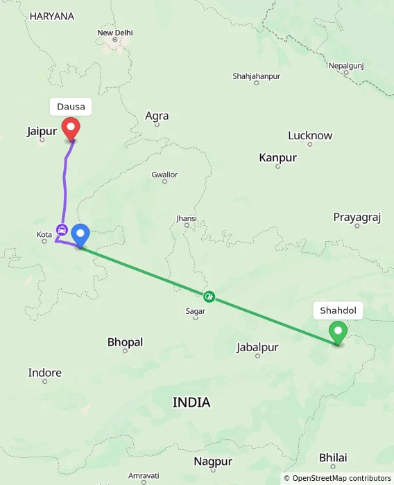 Route map showing distance and travel time from Shahdol, India to Dausa, India