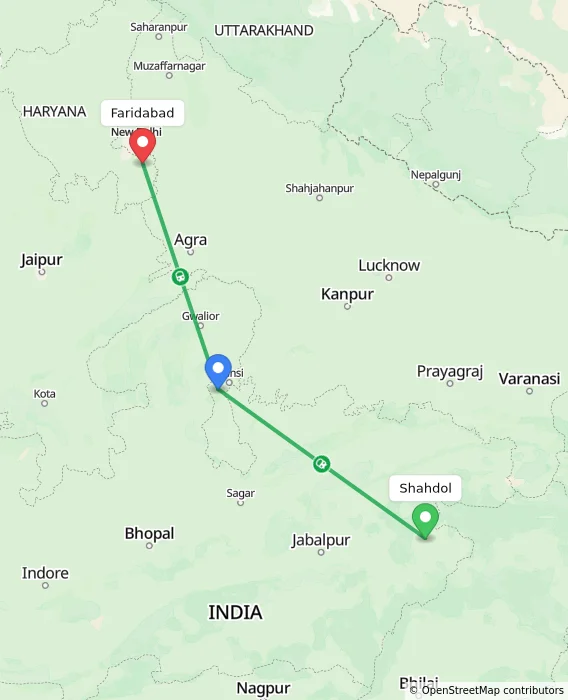 Route map showing distance and travel time from Shahdol, India to Faridabad, India