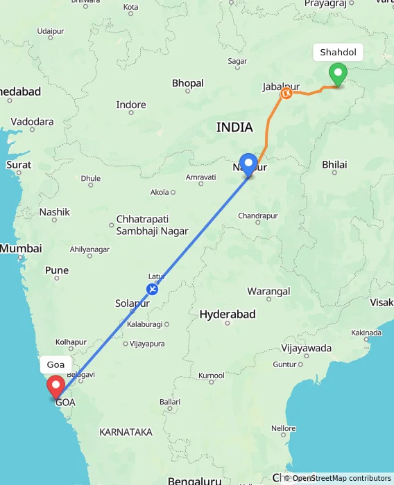 Route map showing distance and travel time from Shahdol, India to Goa, India