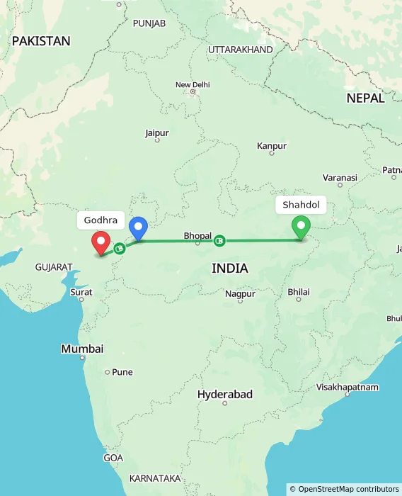 Route map showing distance and travel time from Shahdol, India to Godhra, India