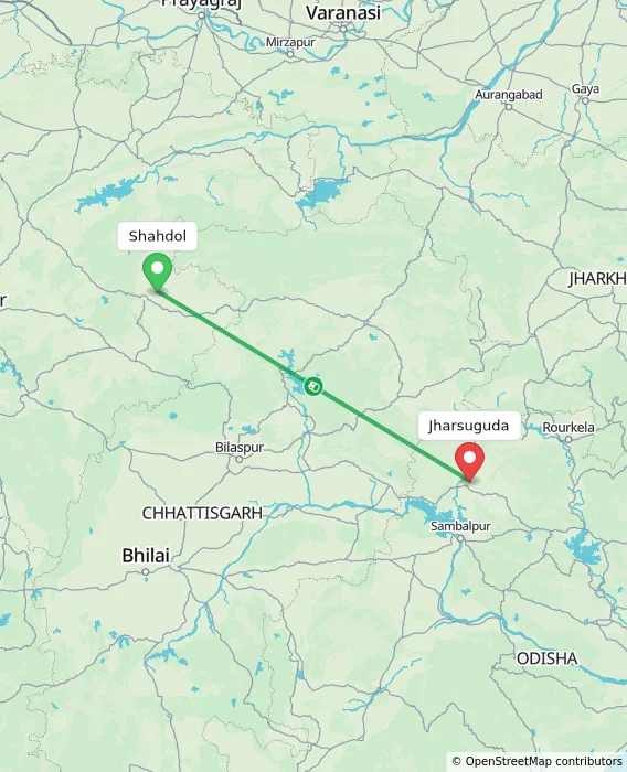 Route map showing distance and travel time from Shahdol, India to Jharsuguda, India