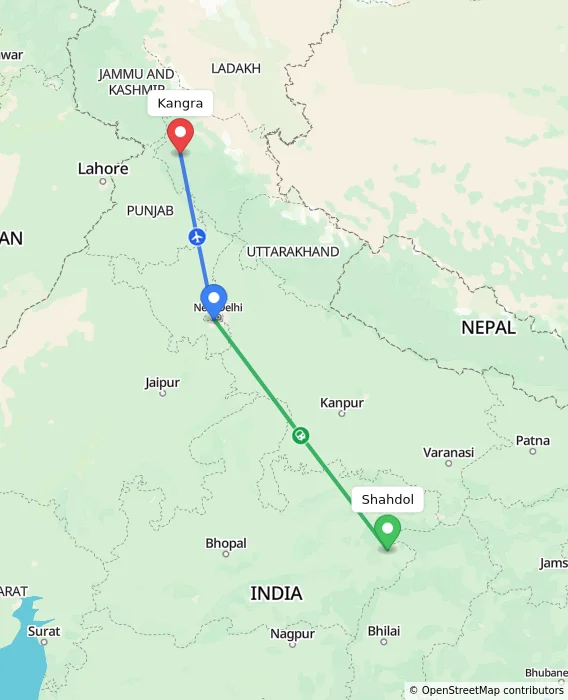 Route map showing distance and travel time from Shahdol, India to Kangra, India