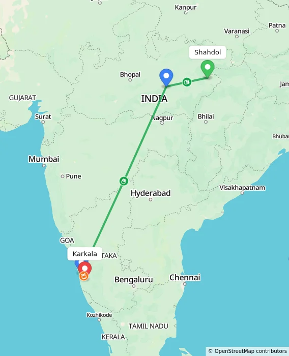 Route map showing distance and travel time from Shahdol, India to Karkala, India