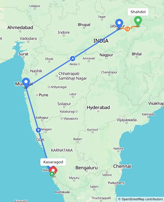 Route map showing distance and travel time from Shahdol, India to Kasaragod, India