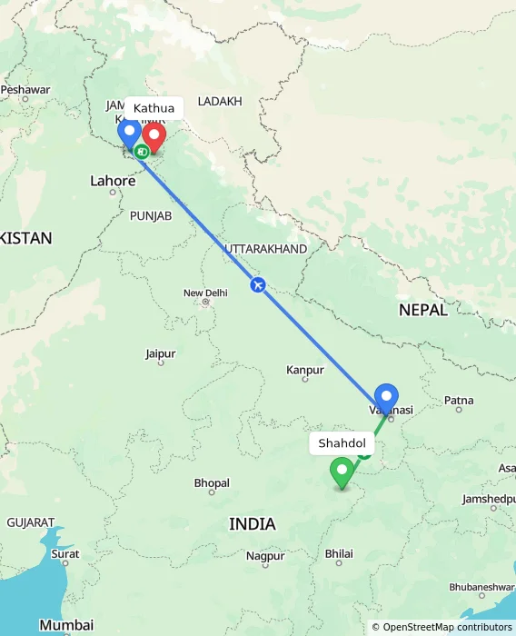 Route map showing distance and travel time from Shahdol, India to Kathua, India