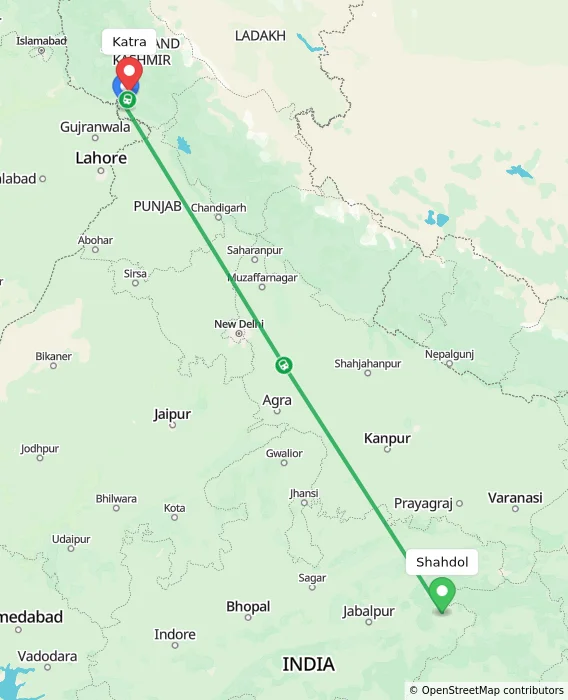 Route map showing distance and travel time from Shahdol, India to Katra, India