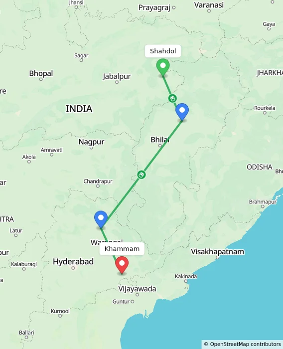 Route map showing distance and travel time from Shahdol, India to Khammam, India