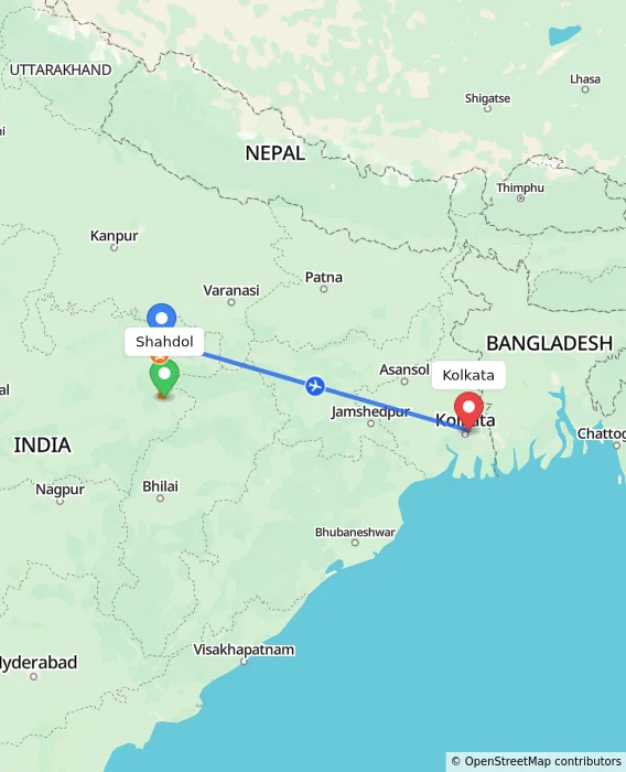 Route map showing distance and travel time from Shahdol, India to Kolkata, India