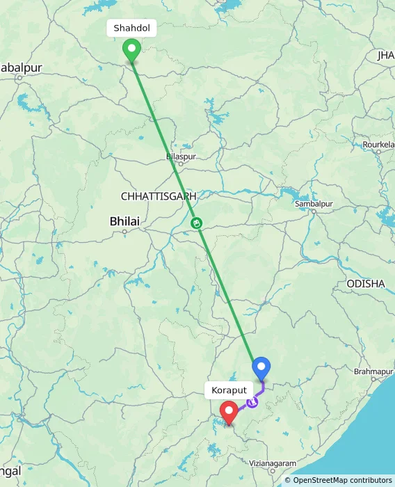 Route map showing distance and travel time from Shahdol, India to Koraput, India