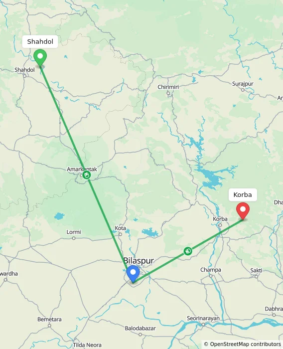 Route map showing distance and travel time from Shahdol, India to Korba, India
