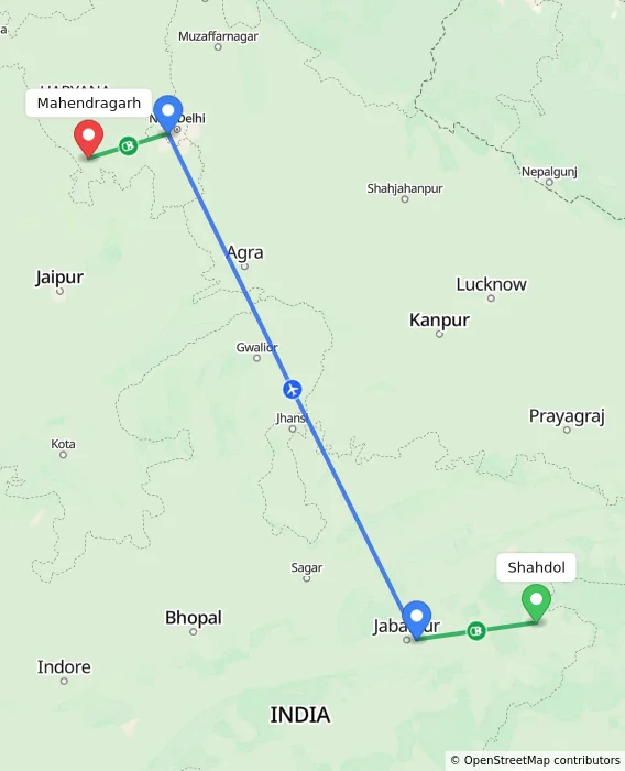 Route map showing distance and travel time from Shahdol, India to Mahendragarh, India