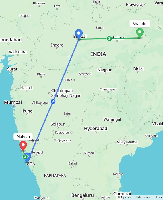 Route map showing distance and travel time from Shahdol, India to Malvan, India