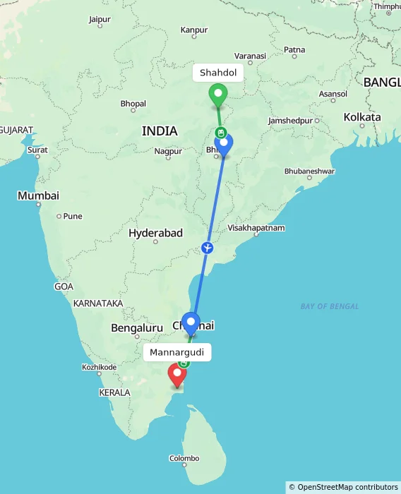 Route map showing distance and travel time from Shahdol, India to Mannargudi, India