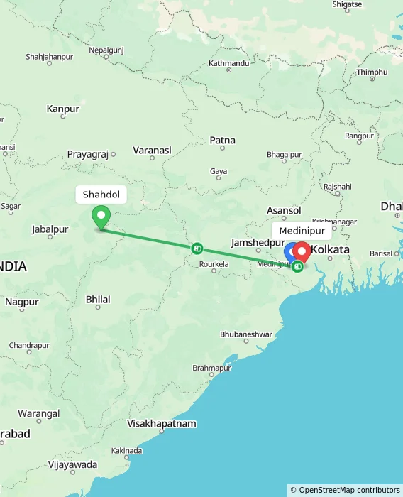 Route map showing distance and travel time from Shahdol, India to Medinipur, India
