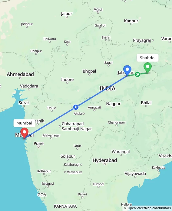 Route map showing distance and travel time from Shahdol, India to Mumbai, India
