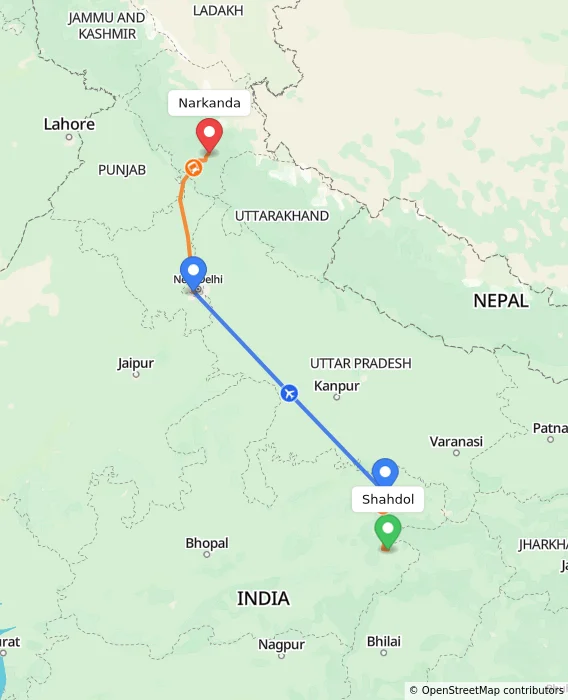 Route map showing distance and travel time from Shahdol, India to Narkanda, India