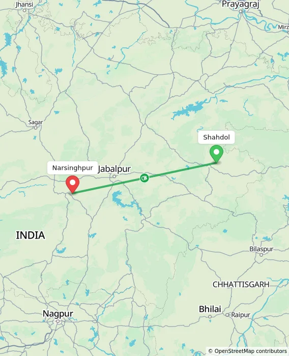 Route map showing distance and travel time from Shahdol, India to Narsinghpur, India