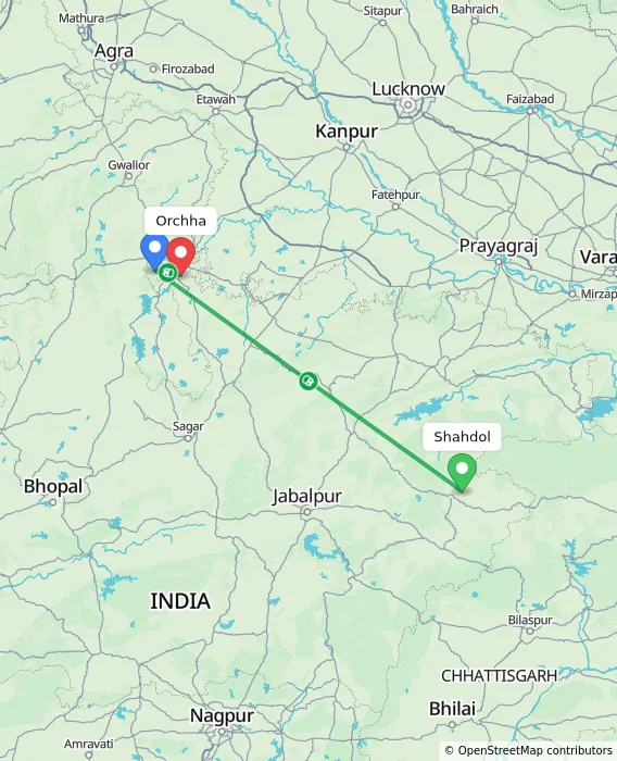 Route map showing distance and travel time from Shahdol, India to Orchha, India
